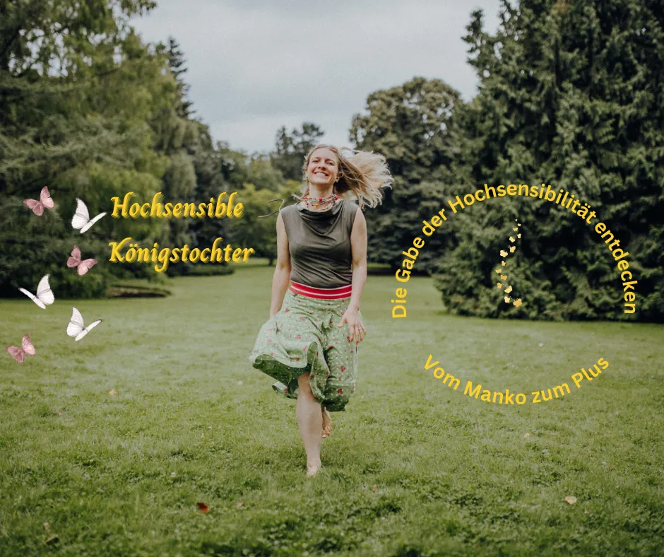 Hochsensible Königstochter: Claudia Sautter geht über eine Wiese, umgeben von Schmetterlingen