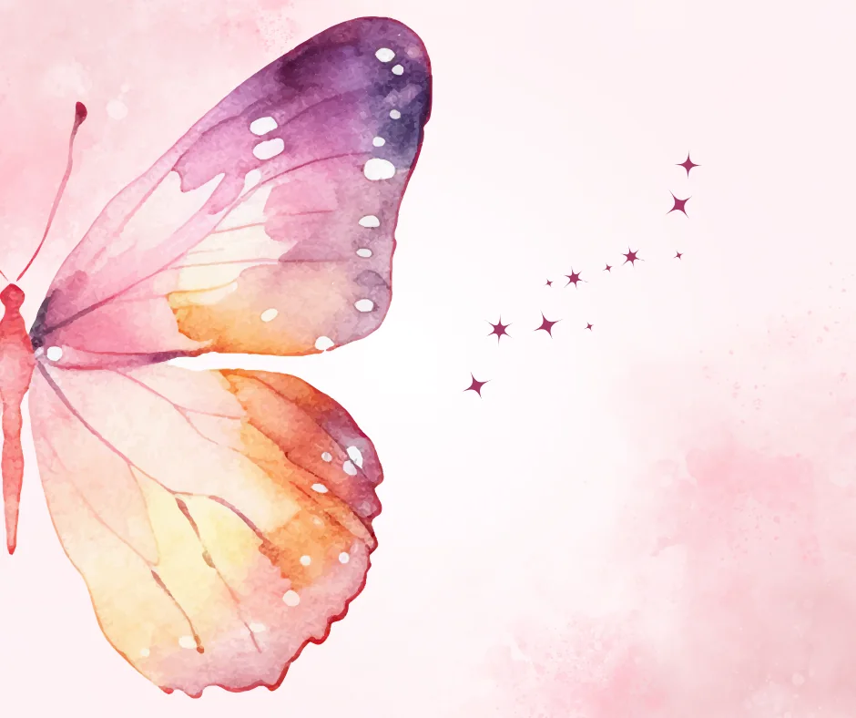 Aquarell eines Schmetterlings in Rosa, Lila und Orange